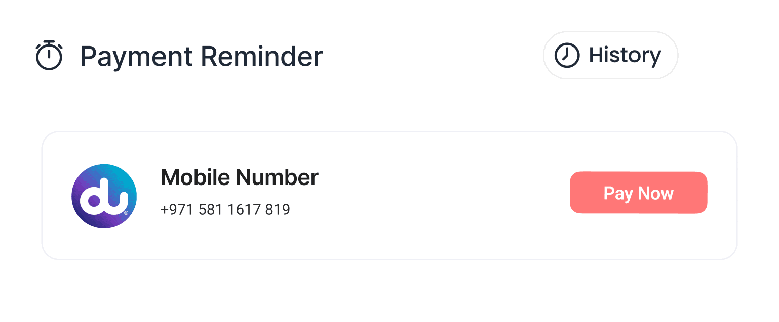 Peko payment reminder for a du mobile number with a Pay Now button and a link to payment history