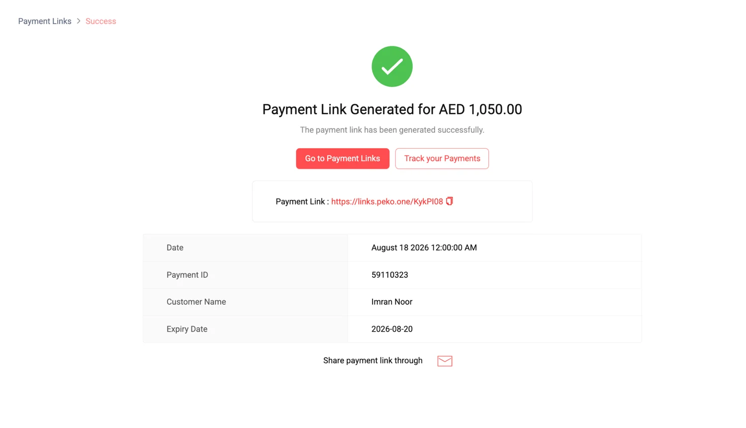 Peko Payment Link generated confirmation